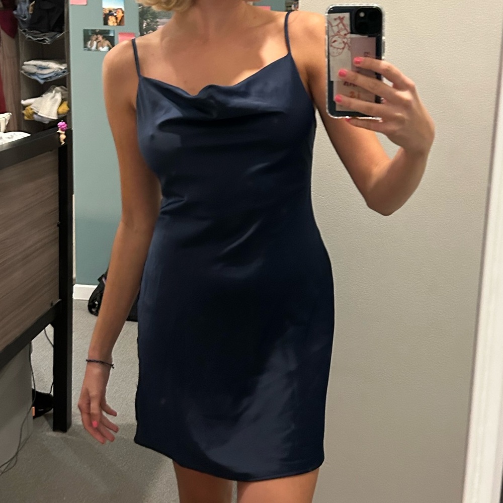 UO Mallory Cowl Neck Slip Dress blue, size small